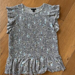 Ann Taylor Smocked Ruffle Sleeve Floral Top in Black & Blue